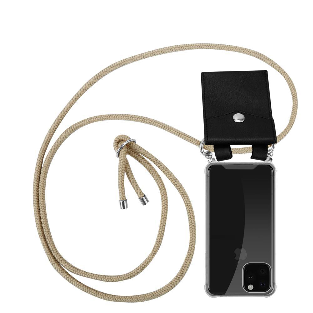 Tour de cou chaîne pour Apple iPhone 11 PRO en MARRON BRILLANT Housse de protection Étui en silicone avec anneaux argentés, cordon de serrage et étui amovible
