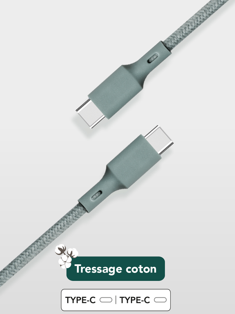 Câble Recyclable en coton USB C/USB C 2m Night Green Just Green