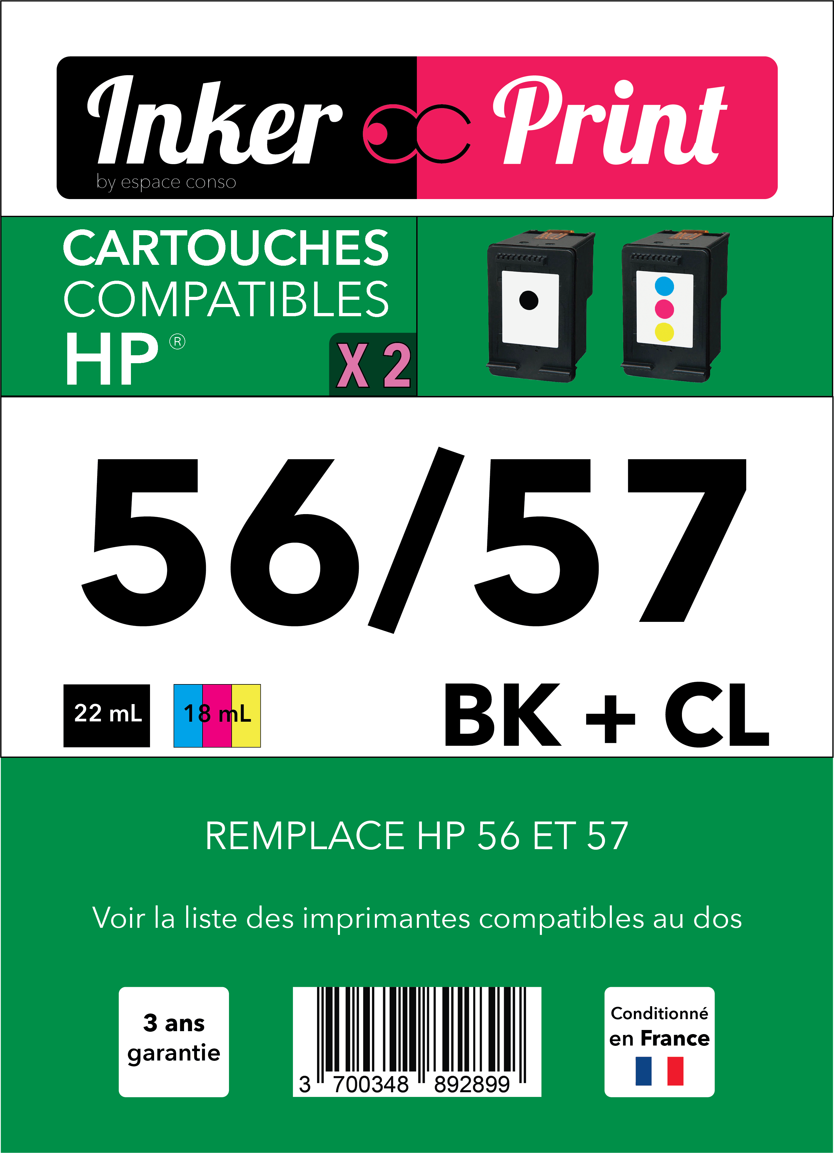 Pack de Cartouches d'encre recyclées compatibles avec HP 56 / 57 XL (Noir et Couleurs)