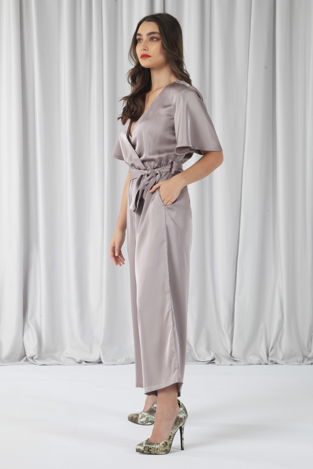 DOUBLE SECOND Tea Sleeves Printed Satin Jumpsuit 3