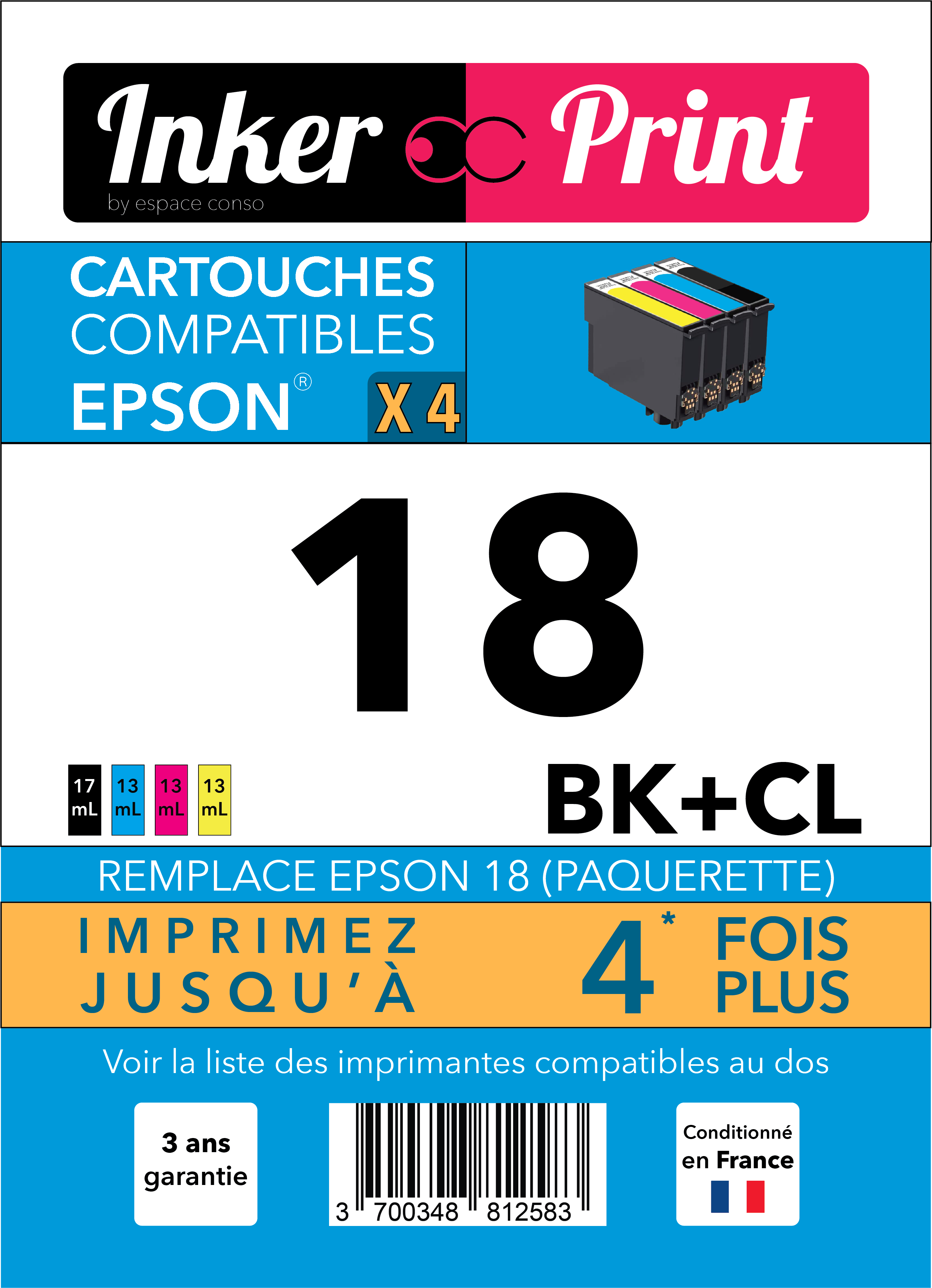 Pack de Cartouches d'encre recyclées compatibles avec EPSON 18 XL  (Noir et Couleurs)