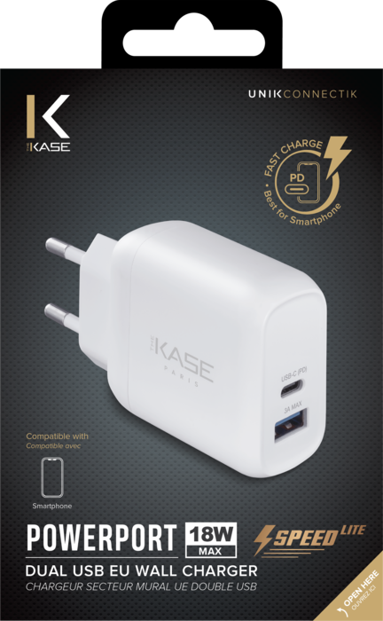 Chargeur secteur mural UE double USB universel PowerPort Speed LITE Charge Rapide 18W (Power Delivery), Blanc