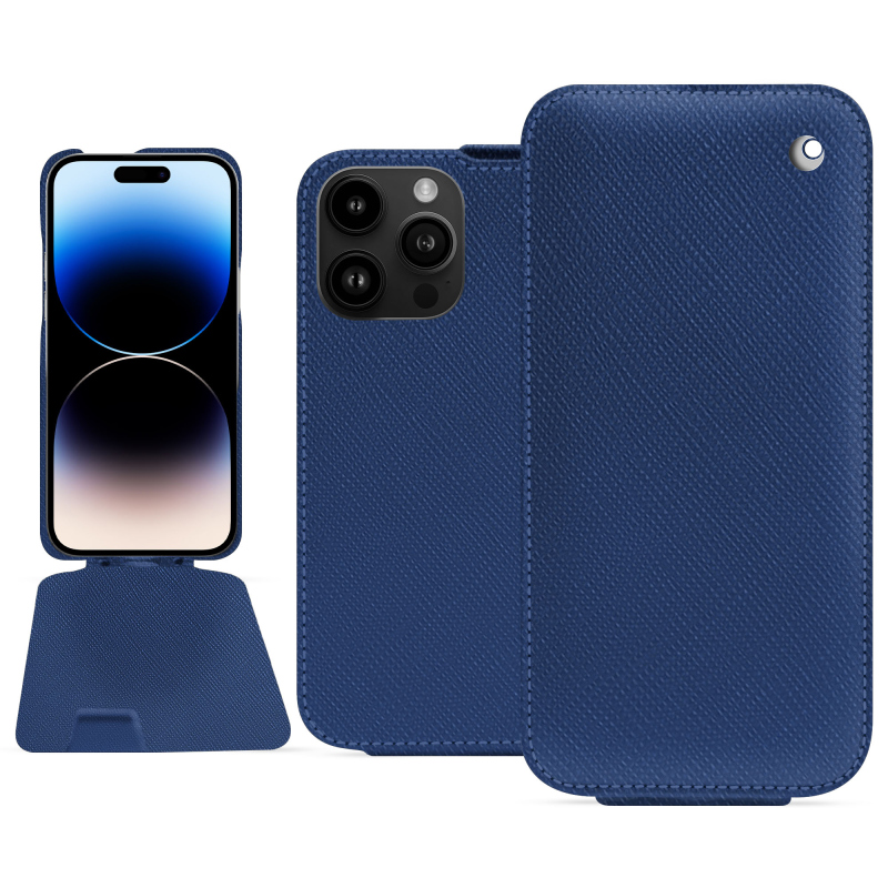 Housse cuir Apple iPhone 15 Pro Max - Rabat vertical - Bleu - Cuir saffiano