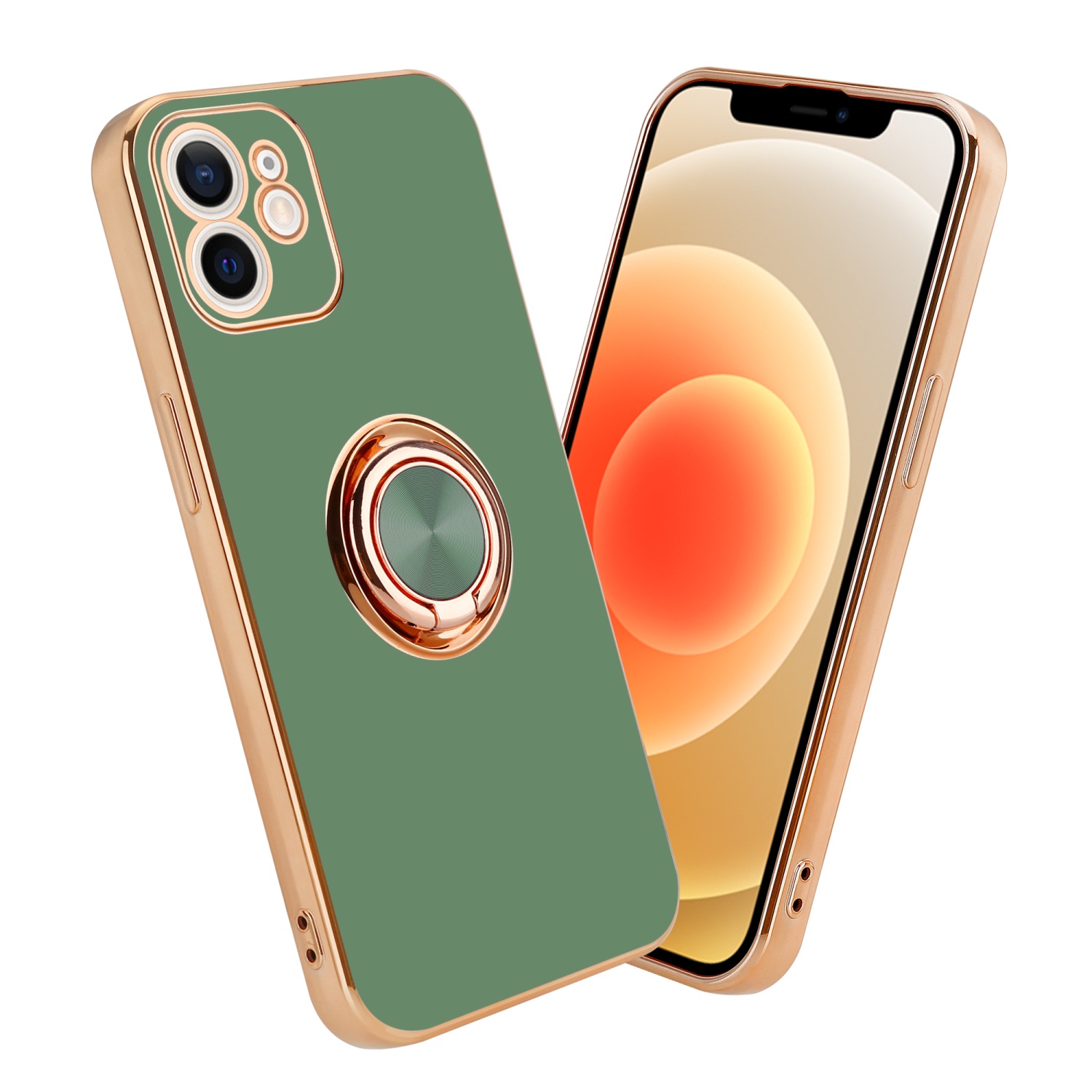 Coque pour Apple iPhone 11 en Glossy Vert Clair - Or avec anneau Housse de protection Étui en silicone TPU flexible, avec protection pour appareil photo et support voiture magnétique