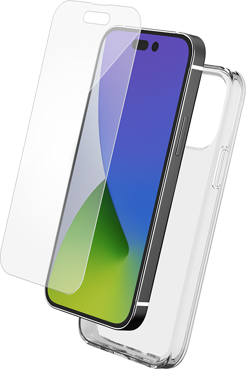 Pack iPhone 14 Pro Accessoires Coque Transparente + Verre trempé Bigben
