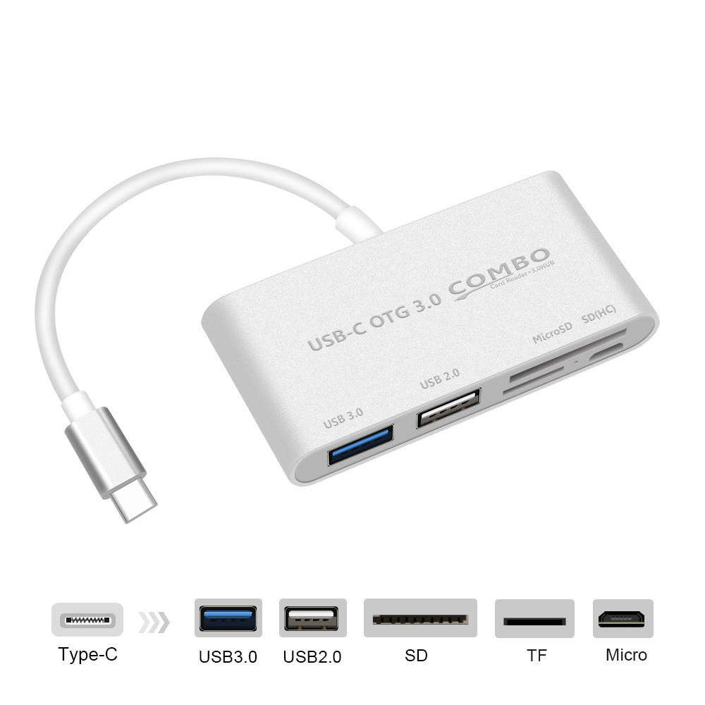 Adaptateur 5 en 1 pour MacBook Air Thunderbolt 3 Type C USB-C Lecteur de cartes SD TF 2.0 3.0 Micro USB (ARGENT)