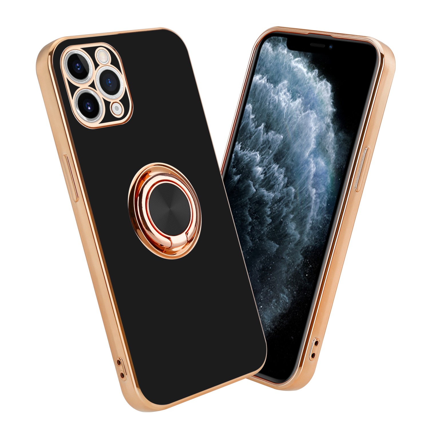 Coque pour Apple iPhone 11 PRO MAX en Glossy Noir - Or avec anneau Housse de protection Étui en silicone TPU flexible, avec protection pour appareil photo et support voiture magnétique