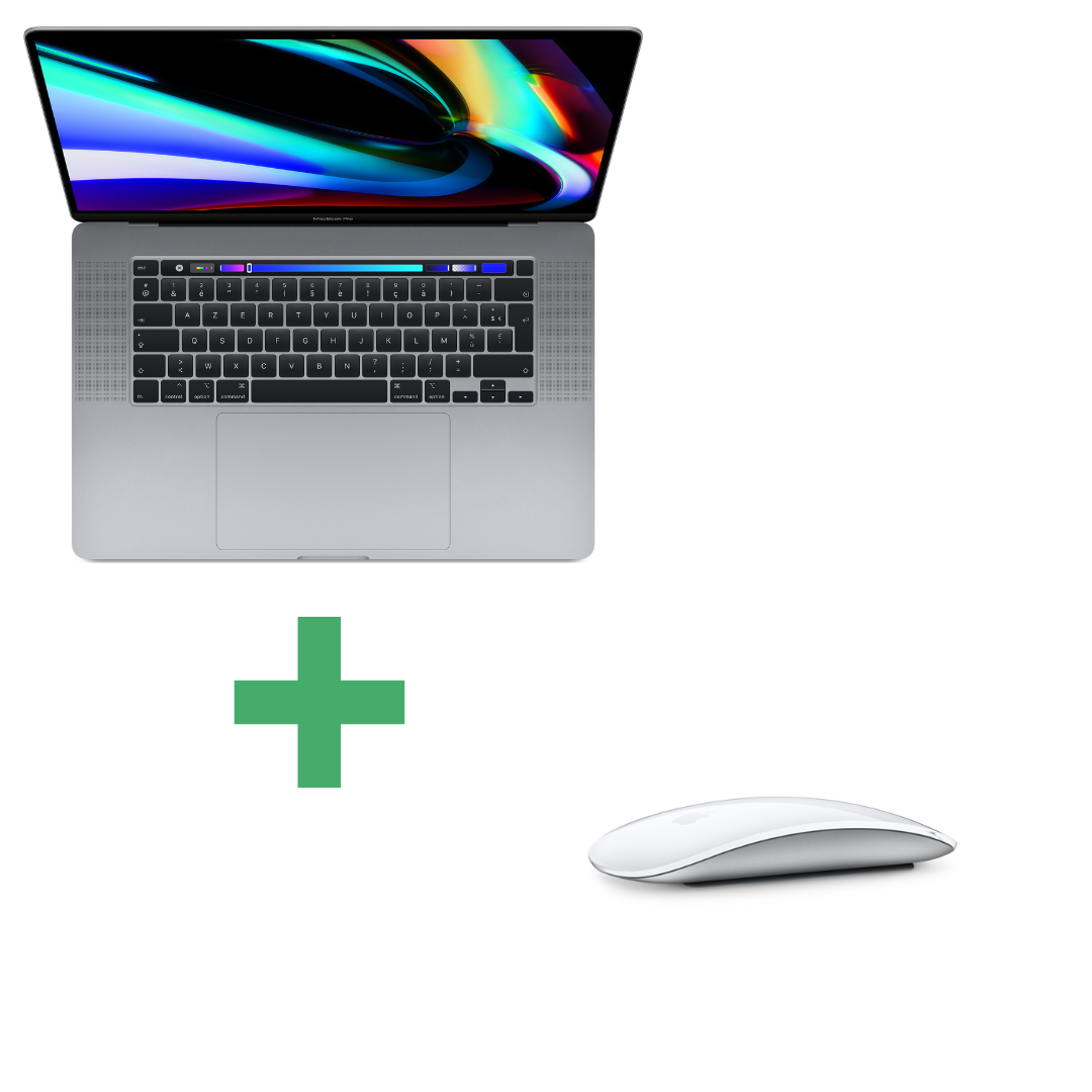 Macbook Pro Core i7 (2019) 16', 2.6 Ghz 512 Go 16 Go Intel UHD Graphics 630 and AMD Radeon Pro 5500M, Gris sideral - AZERTY  + Magic Mouse 2 blanco
