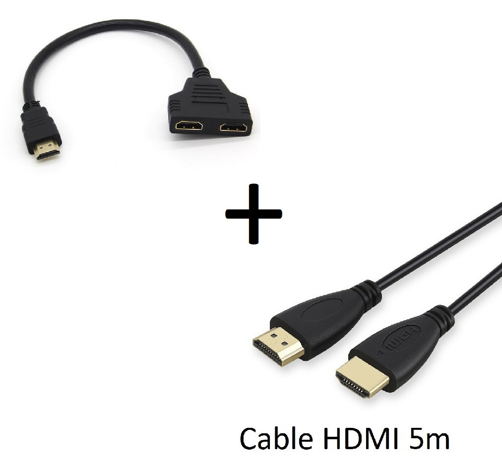 Pack HDMI pour TV et PC (Cable HDMI 5m + Adaptateur Double HDMI) Gold 3D FULL HD 4K (NOIR)
