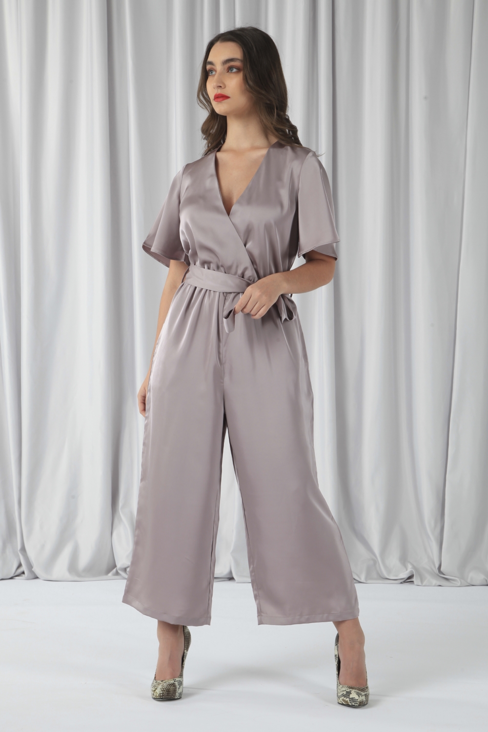 DOUBLE SECOND Tea Sleeves Printed Satin Jumpsuit 1