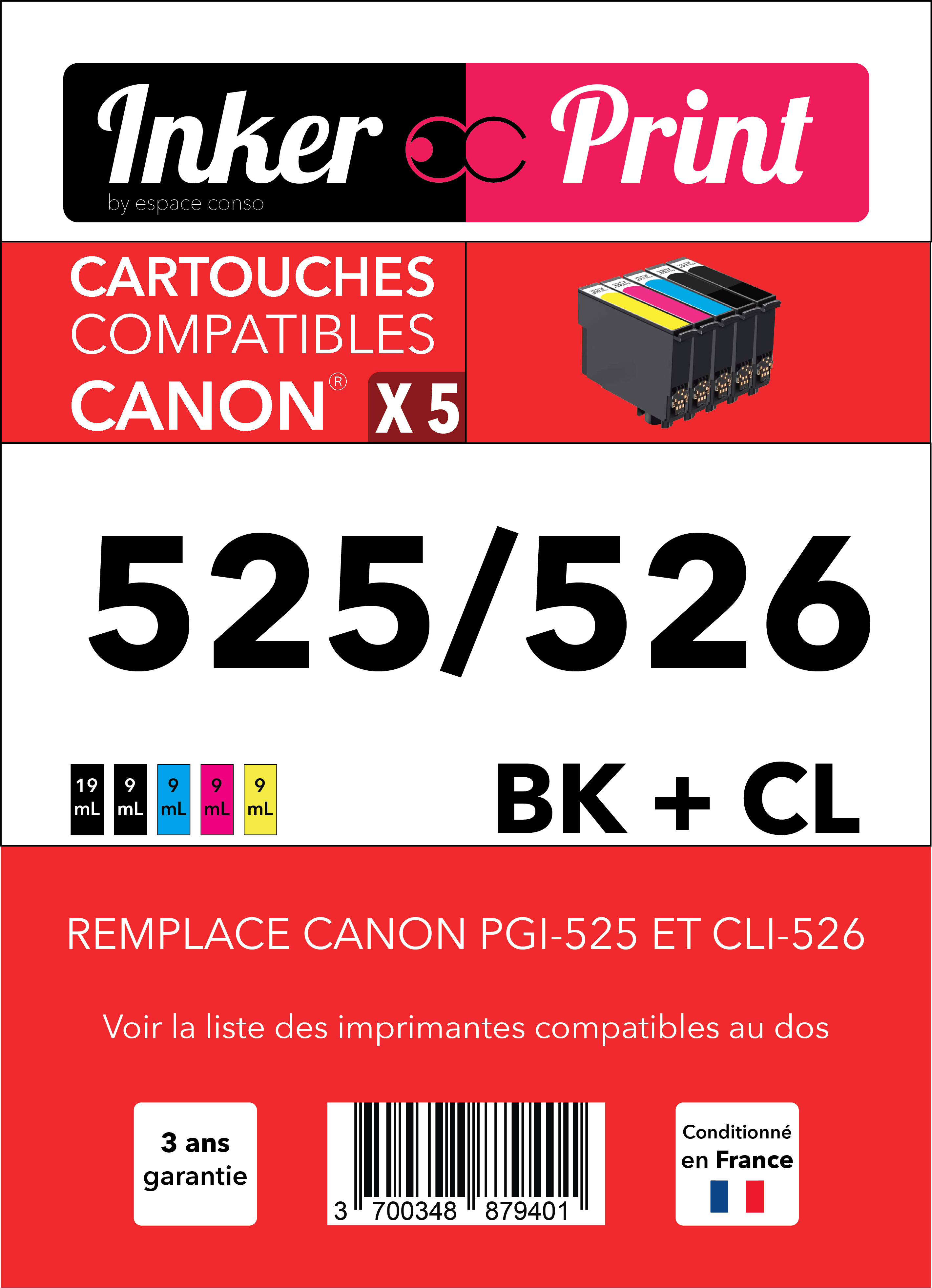 Pack de Cartouches d'encre recyclées compatibles avec CANON 525 / 526 XL (Noir et Couleurs)