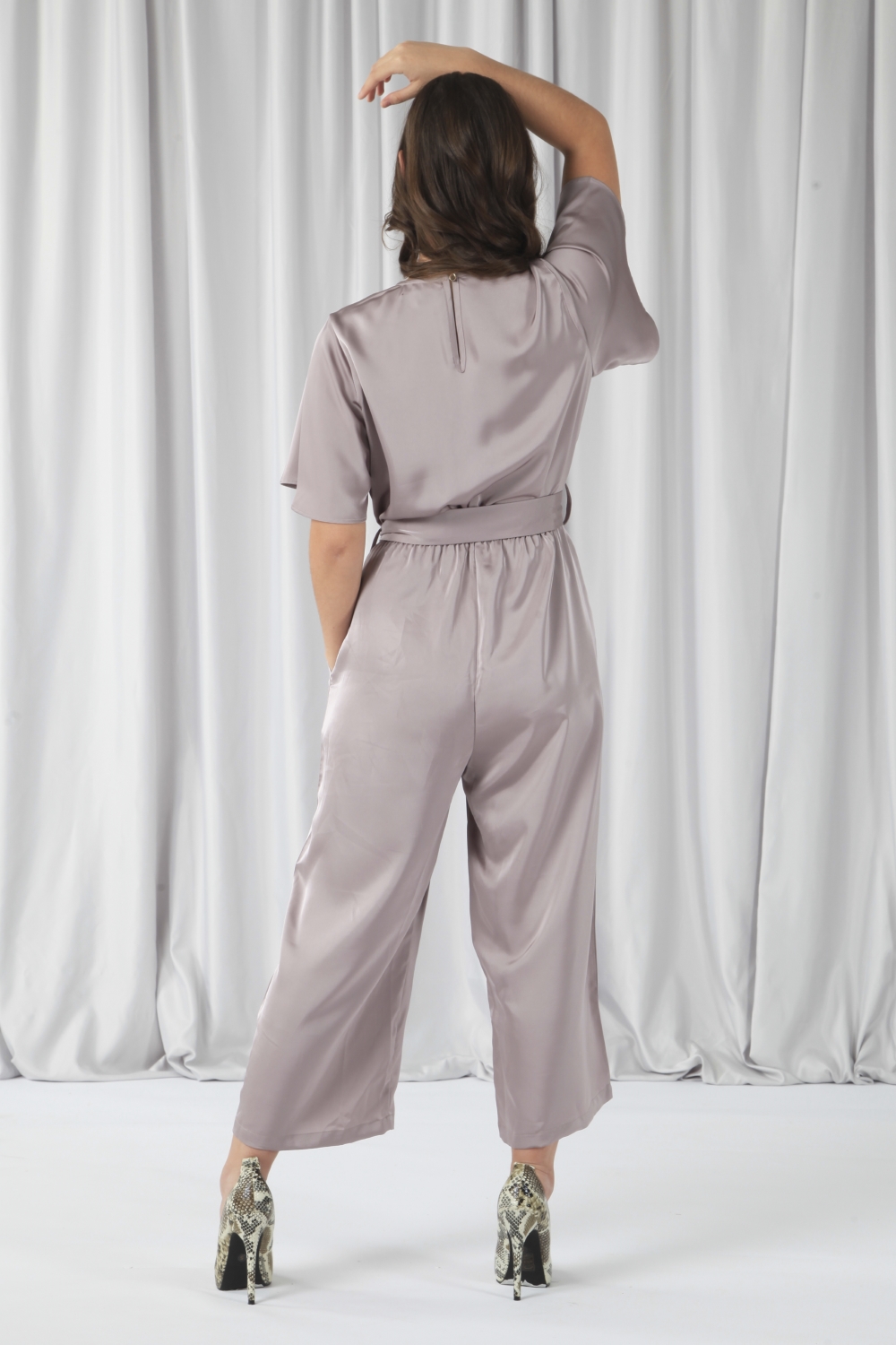 DOUBLE SECOND Tea Sleeves Printed Satin Jumpsuit 4