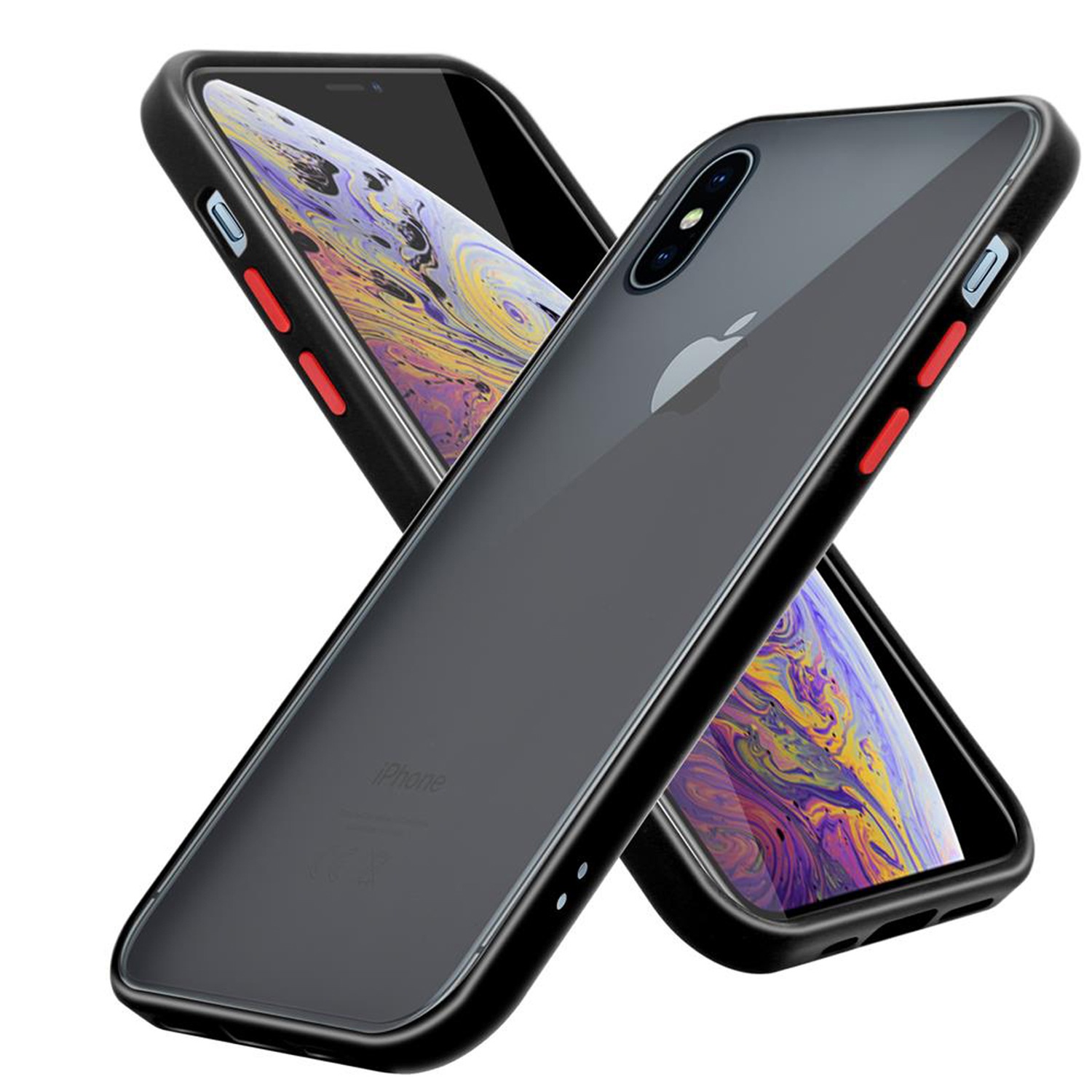 Coque pour Apple iPhone XS MAX en Noir Givré - Touches Rouges Housse de protection Étui hybride avec intérieur en silicone TPU et dos en plastique mat