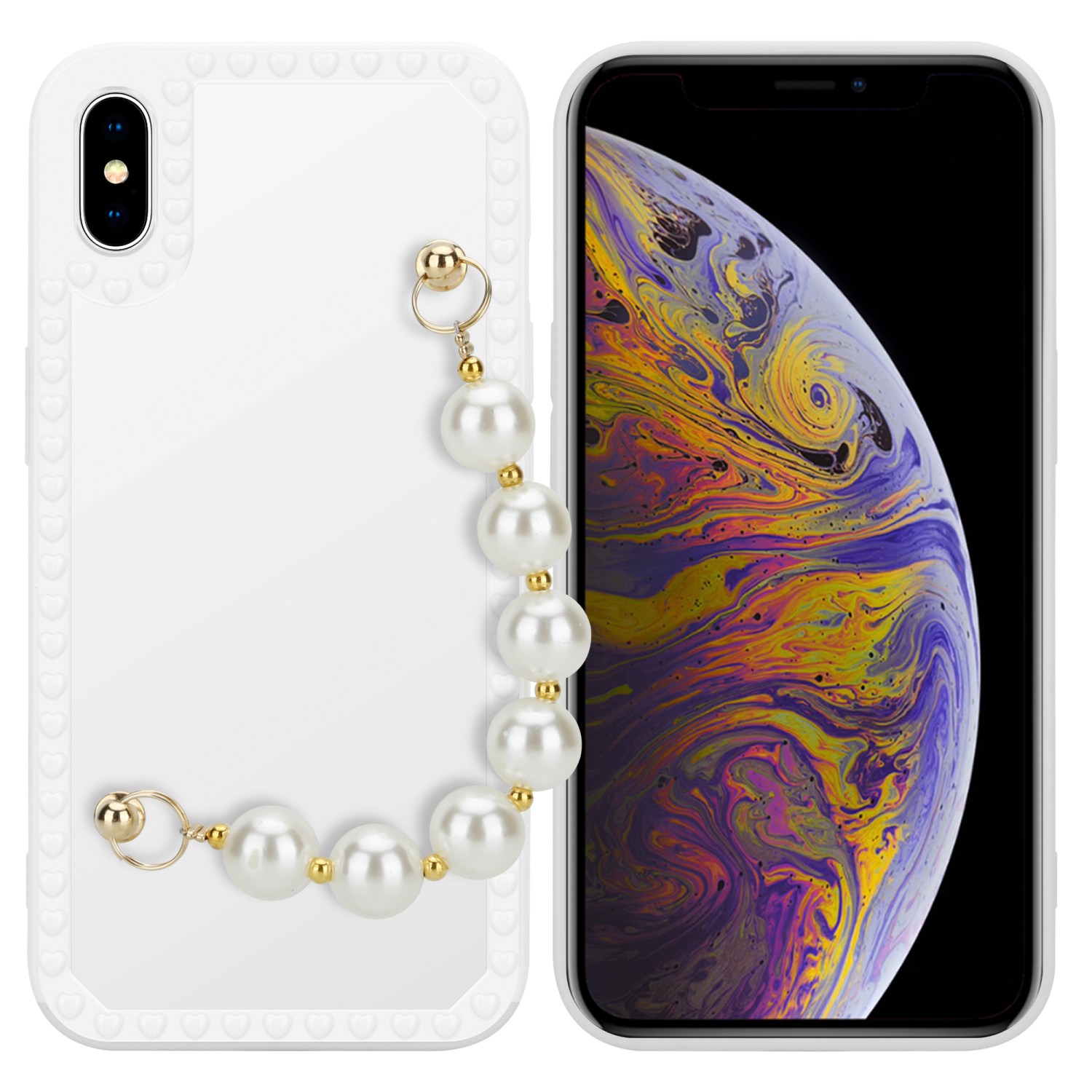 Coque pour Apple iPhone XS MAX en Blanc avec perles Housse de protection Étui en silicone TPU flexible et avec tour de cou chaîne de poignet