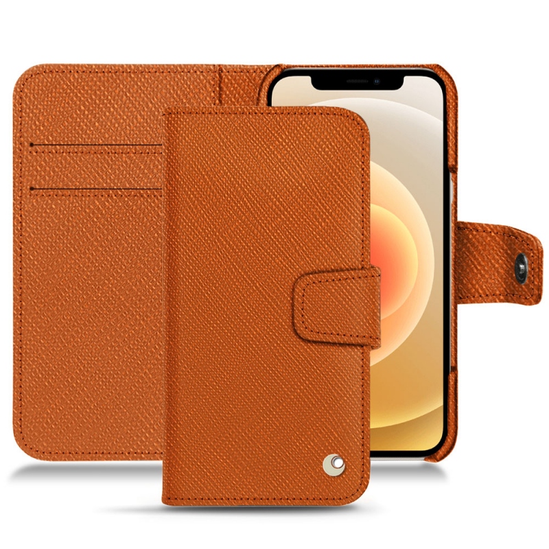 Housse cuir Apple iPhone 12 - Rabat portefeuille - Orange - Cuir saffiano