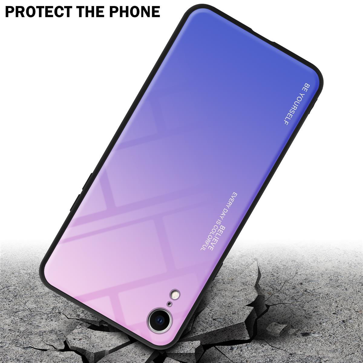 Coque pour Apple iPhone XR en ROSE - BLEU Housse de protection Étui bicolore en silicone TPU et dos en verre trempé