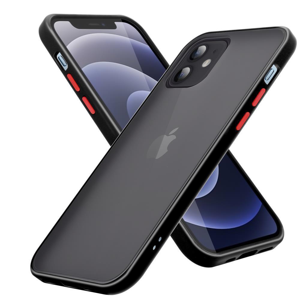 Coque pour Apple iPhone 12 / 12 PRO en Noir Givré - Touches Rouges Housse de protection Étui hybride avec intérieur en silicone TPU et dos en plastique mat