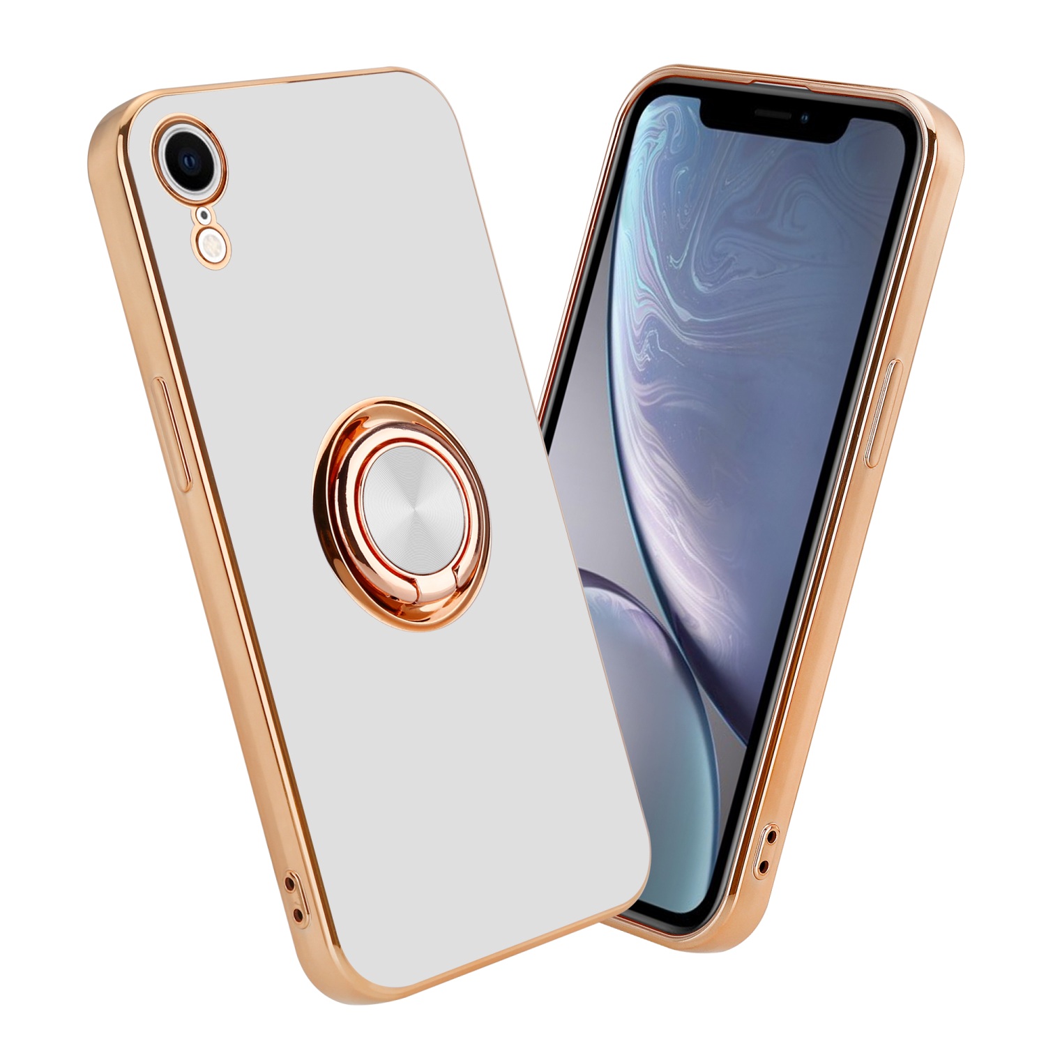 Coque pour Apple iPhone XR en Glossy Blanc - Or avec anneau Housse de protection Étui en silicone TPU flexible, avec protection pour appareil photo et support voiture magnétique